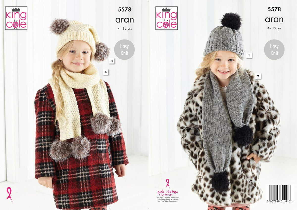 King Cole 5578 Knitting Pattern Girls Hats and Scarves in Fashion Aran Fur
