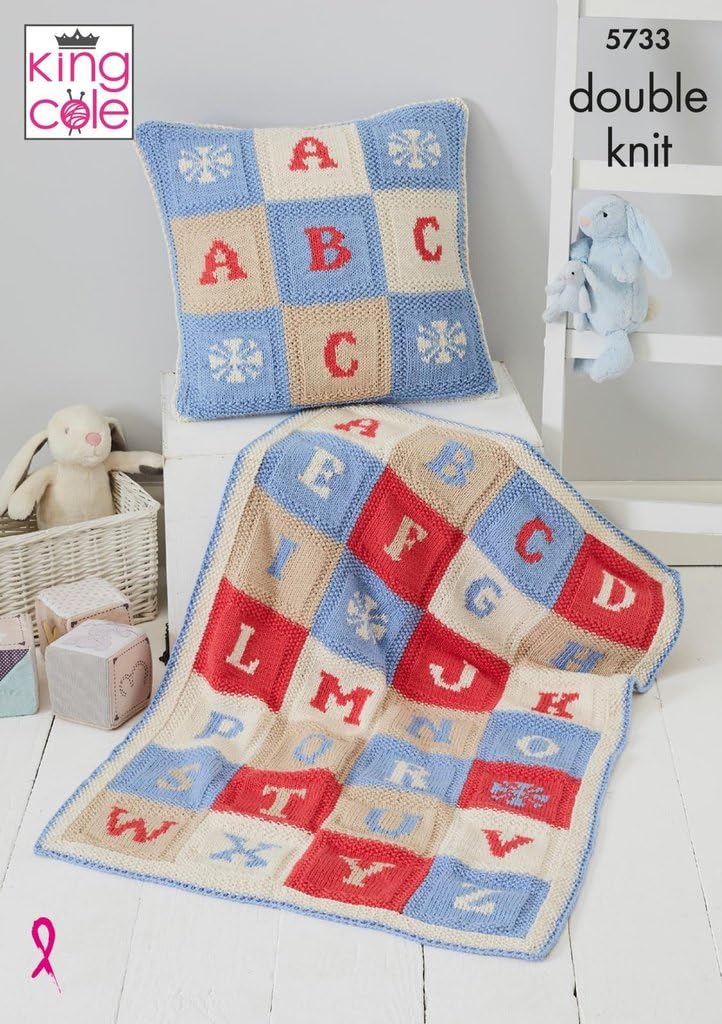 King Cole 5733 Knitting Pattern Alphabet Blanket and Cushion Cover in Cottonsoft DK