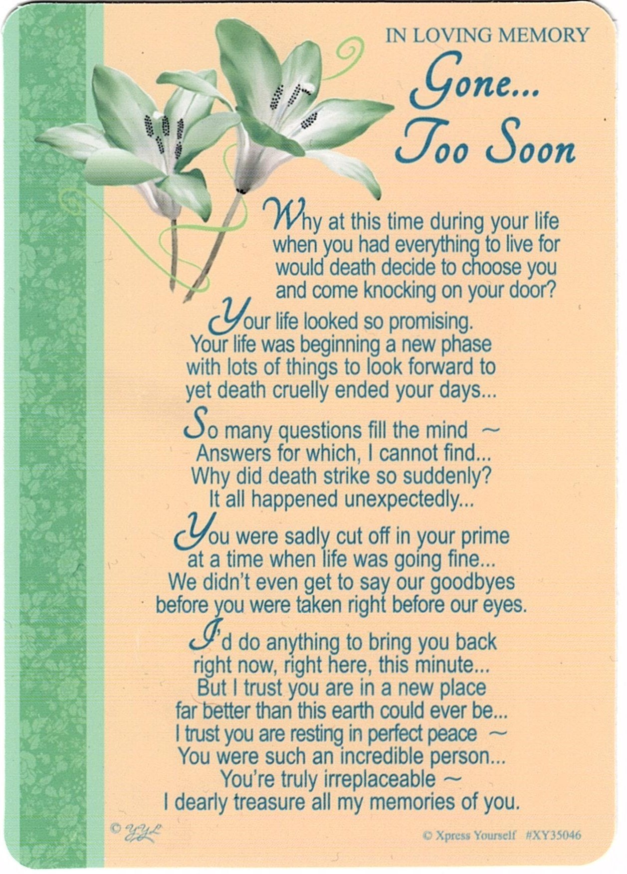 Grave/Graveside Memorial Card - In Loving Memory Gone... Too Soon