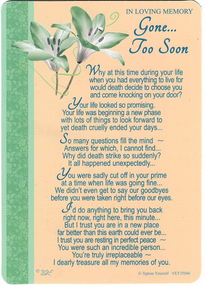 Grave/Graveside Memorial Card - In Loving Memory Gone... Too Soon