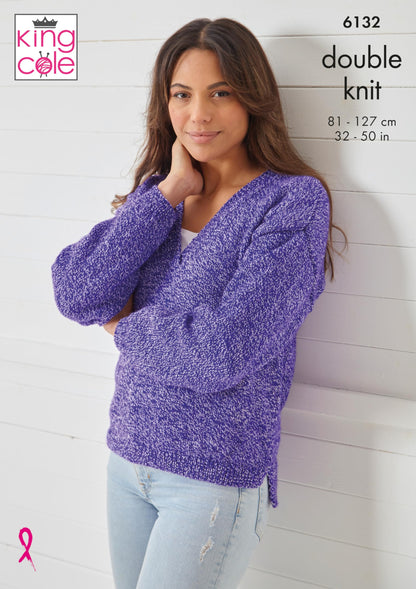 King Cole DK Knitting Pattern Pamphlet - 6132 Ladies Sweater & Cardigan (32"-50")