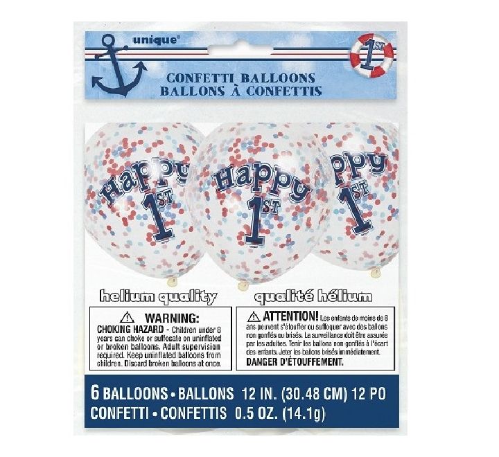 (6) 12IN NAUTICAL 1ST B/DAY CONFETTI BALLOONS