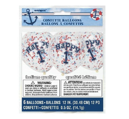 (6) 12IN NAUTICAL 1ST B/DAY CONFETTI BALLOONS