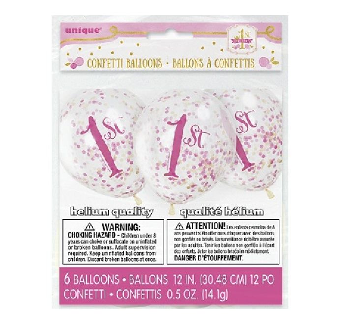 (6) 12IN CLEAR PINK/GOLD 1ST B/DAY BALLOONS