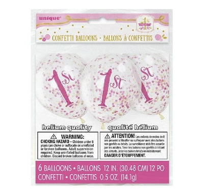 (6) 12IN CLEAR PINK/GOLD 1ST B/DAY BALLOONS