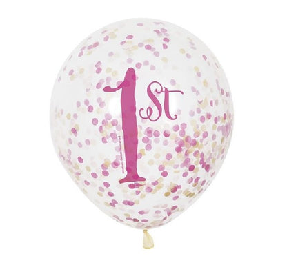 (6) 12IN CLEAR PINK/GOLD 1ST B/DAY BALLOONS