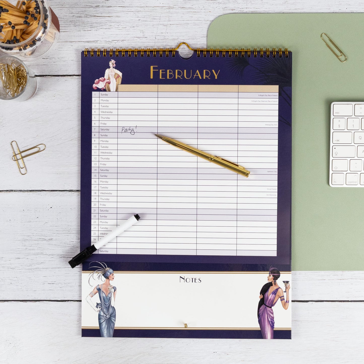 Claire Coxon Art Deco 2026 Family Organiser Wall Calendar | Large 4-Column Monthly Planner with Wipe-Clean Notes, Pen & Hanging Loop