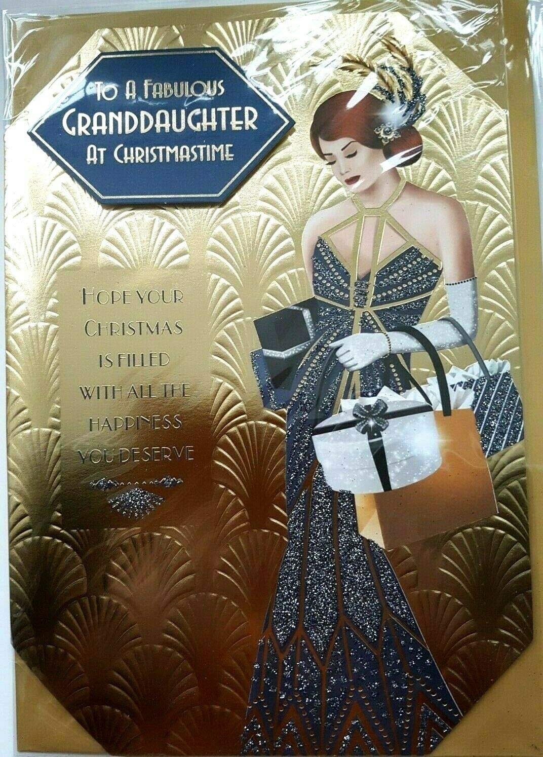 Art Deco - Love To a Fabulous Granddaughter - Large Golden Christmas Card