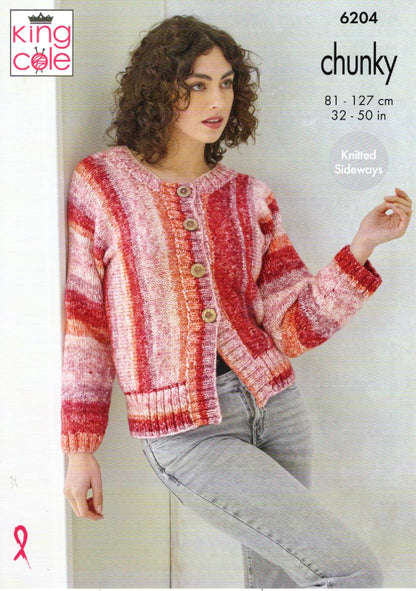 King Cole Chunky Knitting Pattern Pamphlet - 6204 Ladies Sweater & Jacket (32-50ins) 2 Designs