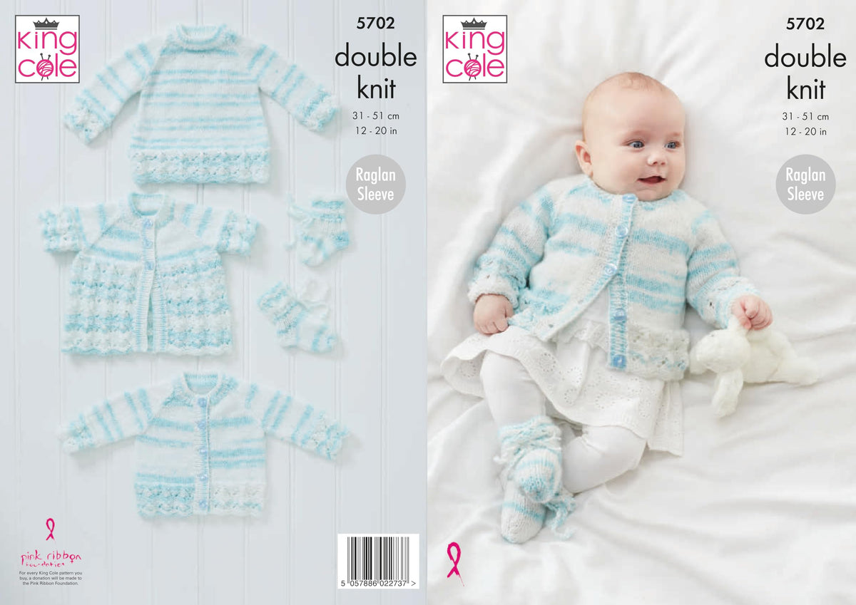 King Cole 5702 Knitting Pattern Baby Cardigan Matinee Coat Sweater Bootees in Baby Stripe DK