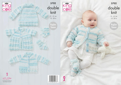 King Cole 5702 Knitting Pattern Baby Cardigan Matinee Coat Sweater Bootees in Baby Stripe DK