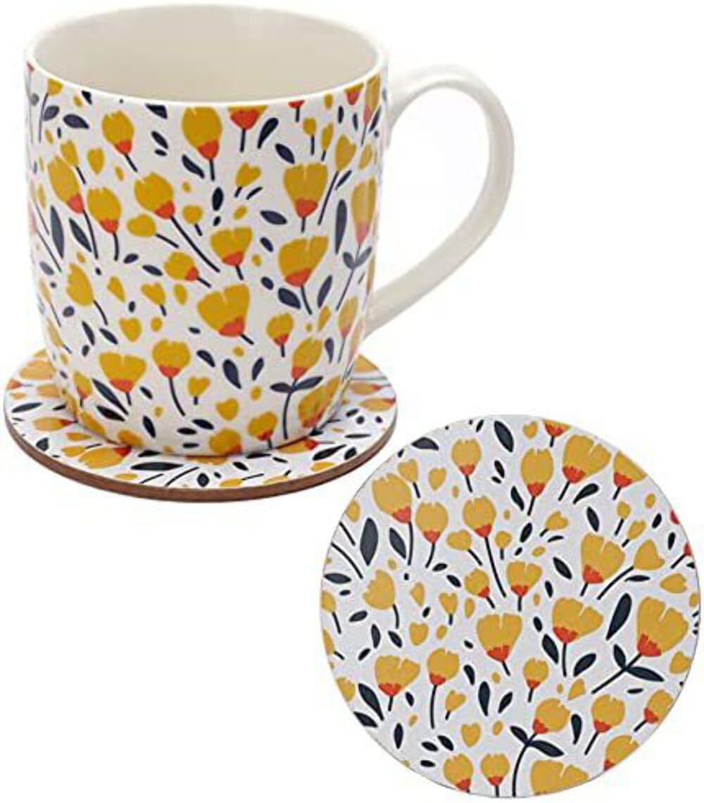Puckator Buttercup Pick of the Bunch Porcelain Mug & Cork Coaster Set, Food Dishwasher & Microwave Safe, Home Office Work, Height 9cm Width 12cm Depth 8.5cm Coaster Diameter 10cm