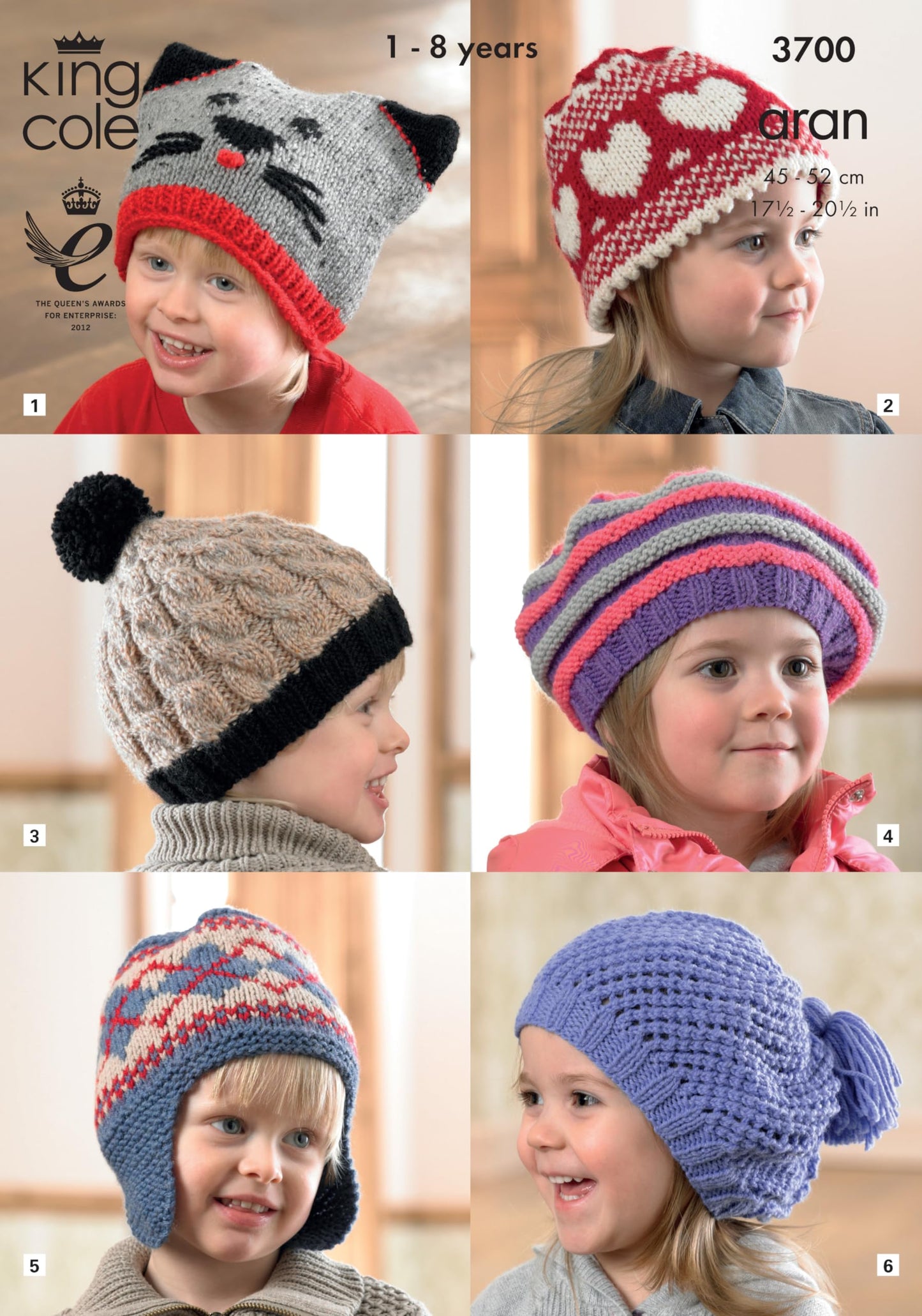 King Cole Knitting Pattern 3700 : Six Childrens Aran Hats (1-8 years)