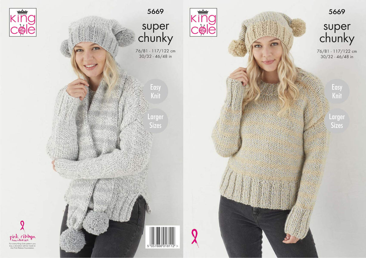 King Cole Ladies Super Chunky Knitting Pattern Easy Knit Sweater Hat & Scarf (5669)