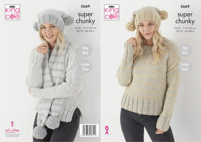 King Cole Ladies Super Chunky Knitting Pattern Easy Knit Sweater Hat & Scarf (5669)