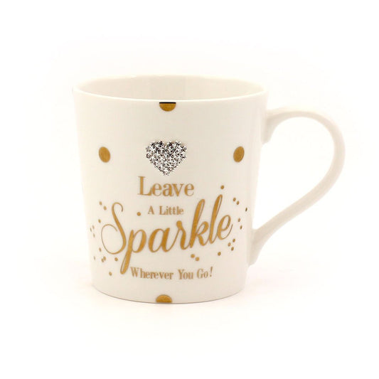 "Leave a Little Sparkle Wherever You Go" Diamante Love Heart White & Gold Fun Dotty Novelty Fine China Mug with Presentation Box