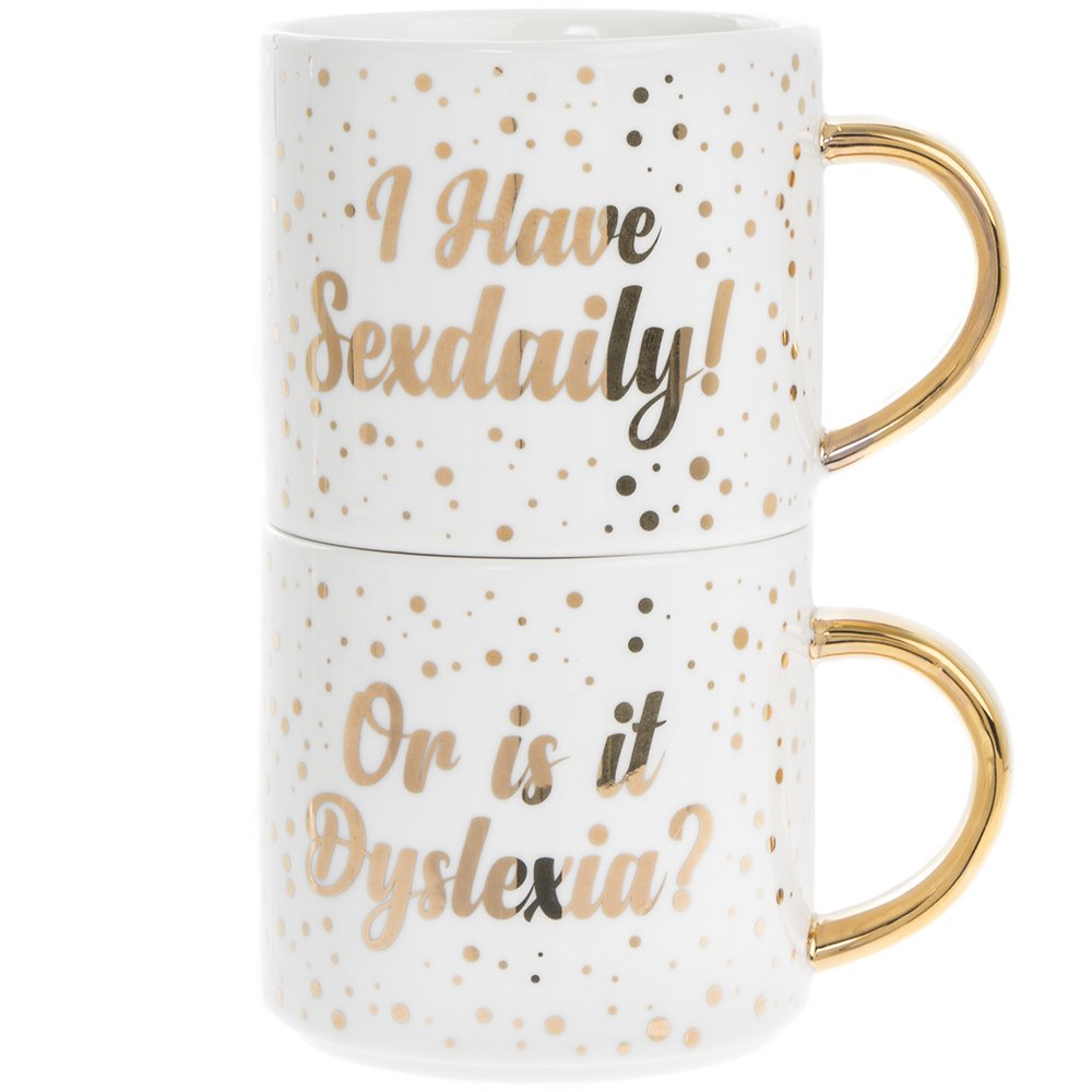 Humorous Set of 2 Fine China Stacking Tea / Coffee Mugs - I HAVE SEXDAILY / OR IS IT DYSLEXIA.... - Gold Polka Dot Detail & Handle
