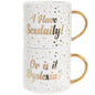Humorous Set of 2 Fine China Stacking Tea / Coffee Mugs - I HAVE SEXDAILY / OR IS IT DYSLEXIA.... - Gold Polka Dot Detail & Handle