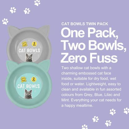 Cat Bowls 2 Pack, Shallow Feeding and Watering Bowl Set for Cats and Kittens, Embossed Face Pet Dishes, 11.5cm