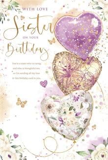 Sister Birthday Card – Elegant Heart Balloons & Floral Design – With Printed Verse – Soft Purple & Silver Theme