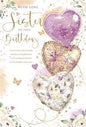 Sister Birthday Card – Elegant Heart Balloons & Floral Design – With Printed Verse – Soft Purple & Silver Theme