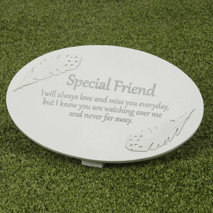 Juliana In Loving Memory 'Special Friend' Memorial Graveside Plaque with Moulded Angel Feathers, Grave Gift Ornament