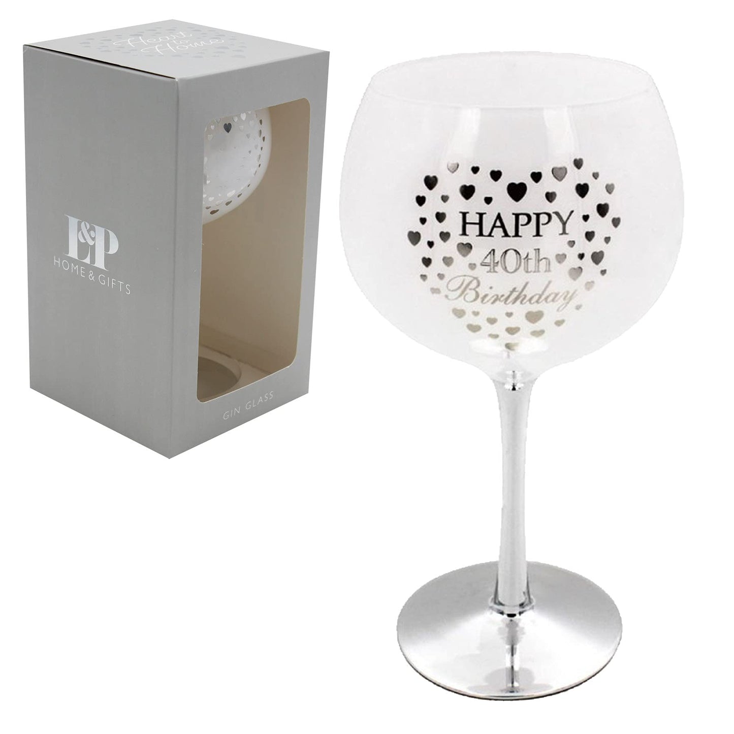 White & Silver Birthday Gin Glass - Heart Detail - 40th Birthday
