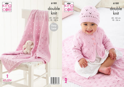 King Cole Baby DK Knitting Pattern Pamphlet - 6180 Baby Cardigan, Hat & Blanket (18-26ins) 3 Designs