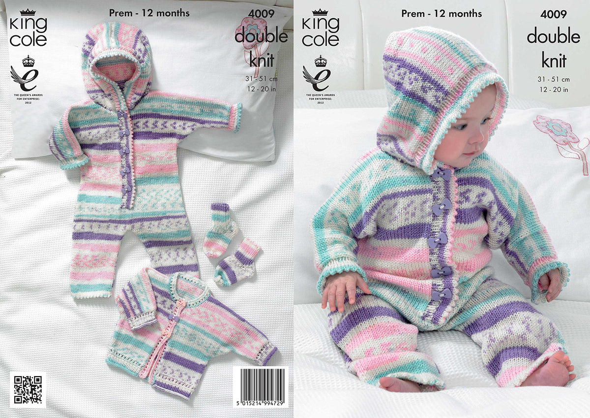 King Cole Knitting Pattern 4009 : Baby DK All-in-One, Jacket and Socks (12-20in)