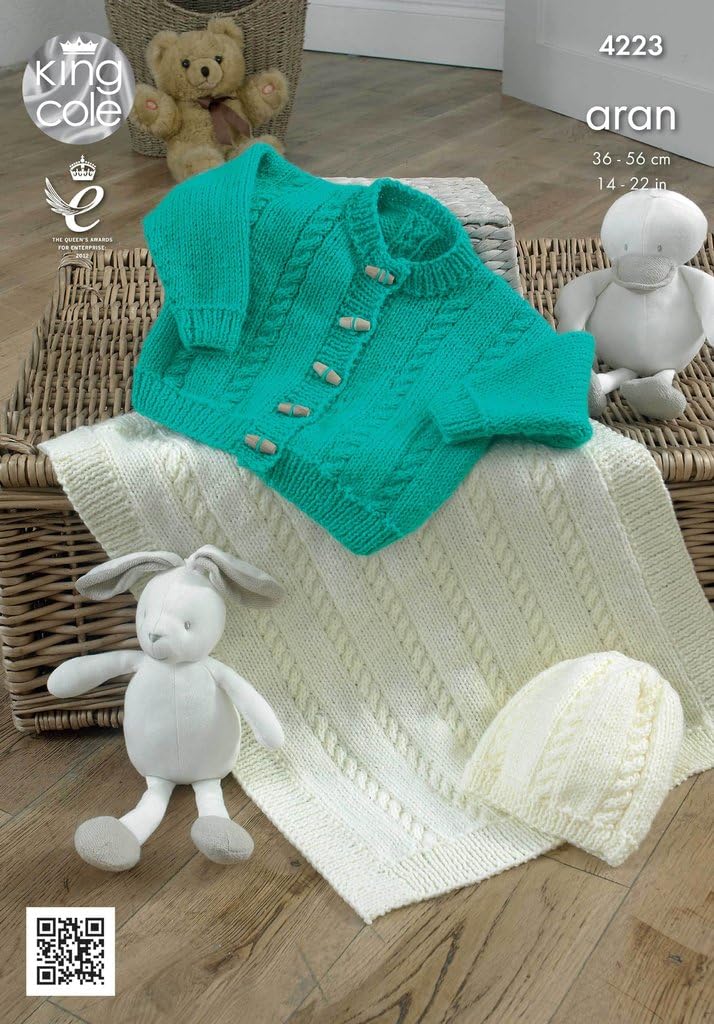 King Cole Aran Knitting Pattern Babys Cardigan Blanket & Hat (4223)