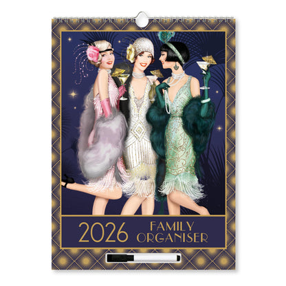 Claire Coxon Art Deco 2026 Family Organiser Wall Calendar | Large 4-Column Monthly Planner with Wipe-Clean Notes, Pen & Hanging Loop