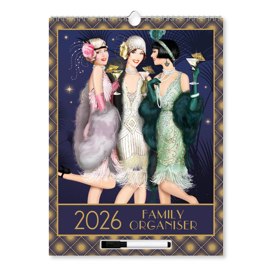 Claire Coxon Art Deco 2026 Family Organiser Wall Calendar | Large 4-Column Monthly Planner with Wipe-Clean Notes, Pen & Hanging Loop