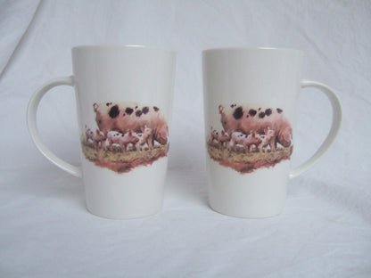 Set of 2 Fine China Latte Mugs - Pig and Piglets Design