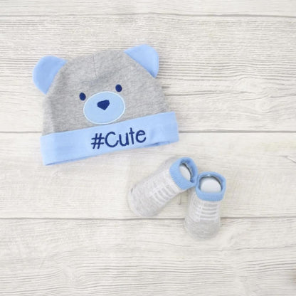 Boys Hat And Socks Set 0-6 Months Grey/Blue