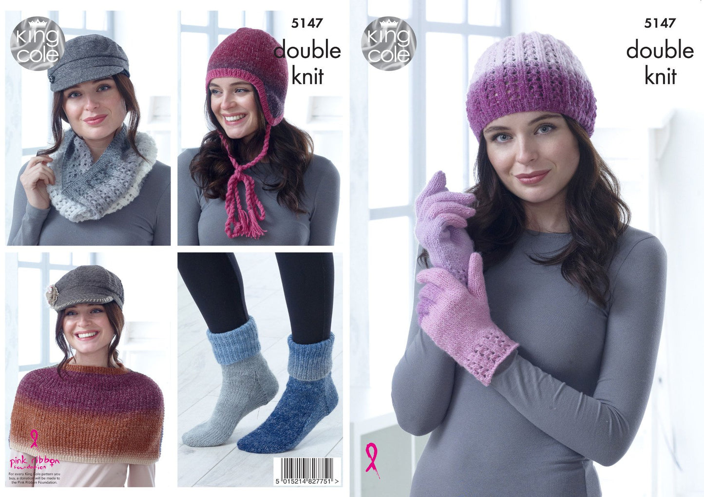 King Cole 5147 Knitting Pattern Hat Cowl Gloves Shoulder Cover Socks and Helmet in Curiosity DK