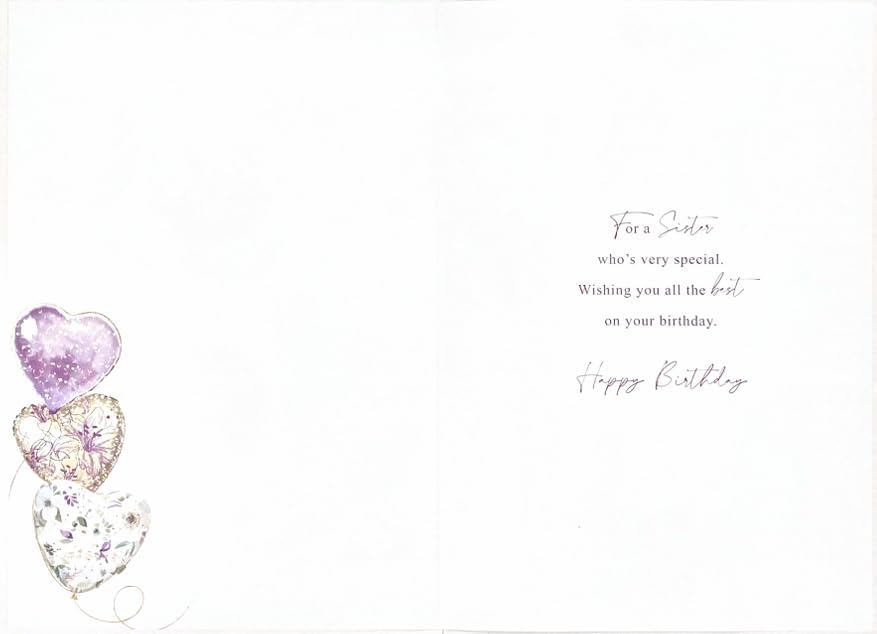 Sister Birthday Card – Elegant Heart Balloons & Floral Design – With Printed Verse – Soft Purple & Silver Theme