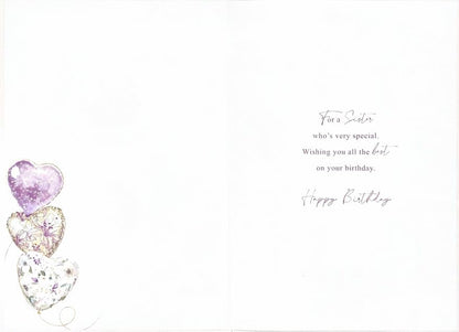 Sister Birthday Card – Elegant Heart Balloons & Floral Design – With Printed Verse – Soft Purple & Silver Theme