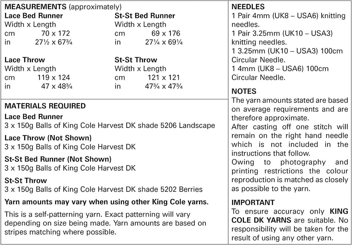 King Cole DK Knitting Pattern Easy Knit Bed Runner or Throw Blanket (5787)