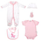 Nursery Time Baby Girl Pink 5 Piece Gift Set with Unicorn Design (3/6 Months) (Pink & White)