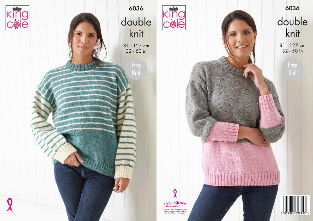 King Cole Ladies DK Knitting Pattern Easy Knit Block Colour or Striped Sweater (6036),32'' - 50''