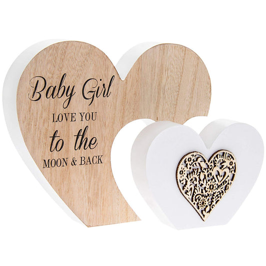 The Leonardo Collection Baby Girl Love You Moon & Back Wooden Heart Sentiment Plaque Ornament Gift