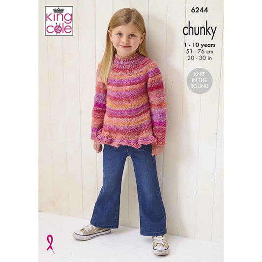 King Cole Chunky Knitting Pattern Girls Knit in The Round Sweaters (6244), 20” – 30” (51cm – 76cm)