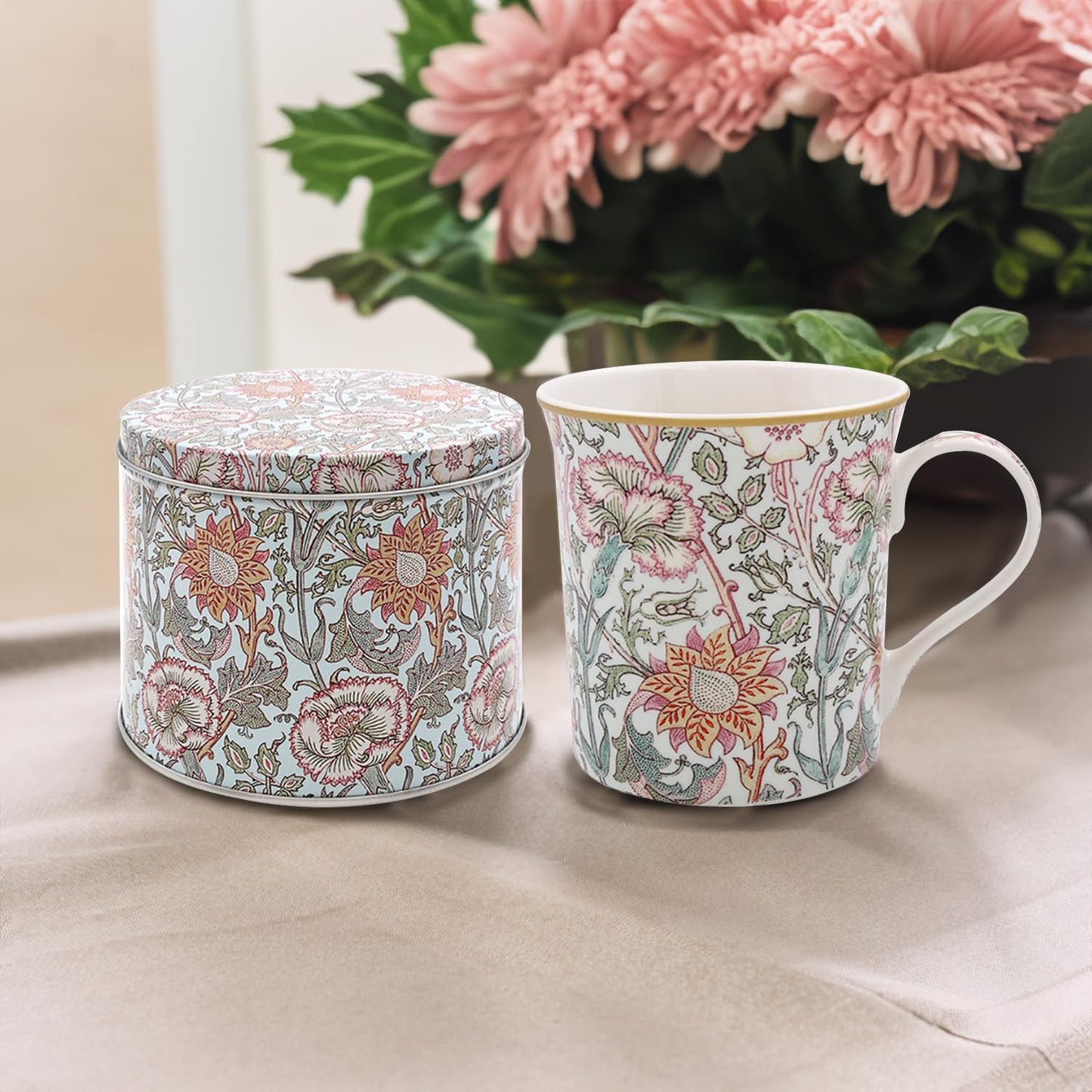 William Morris Pink & Rose Ceramic Mug in Round Tin
