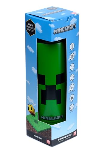 Puckator Minecraft - Stainless Steel Water Bottle with Led Temperature Display - Cold for 24h and Hot for 6h - Metal Water Bottles with Creeper - Modern Thermos Flask - Bpa Free - 450 ml