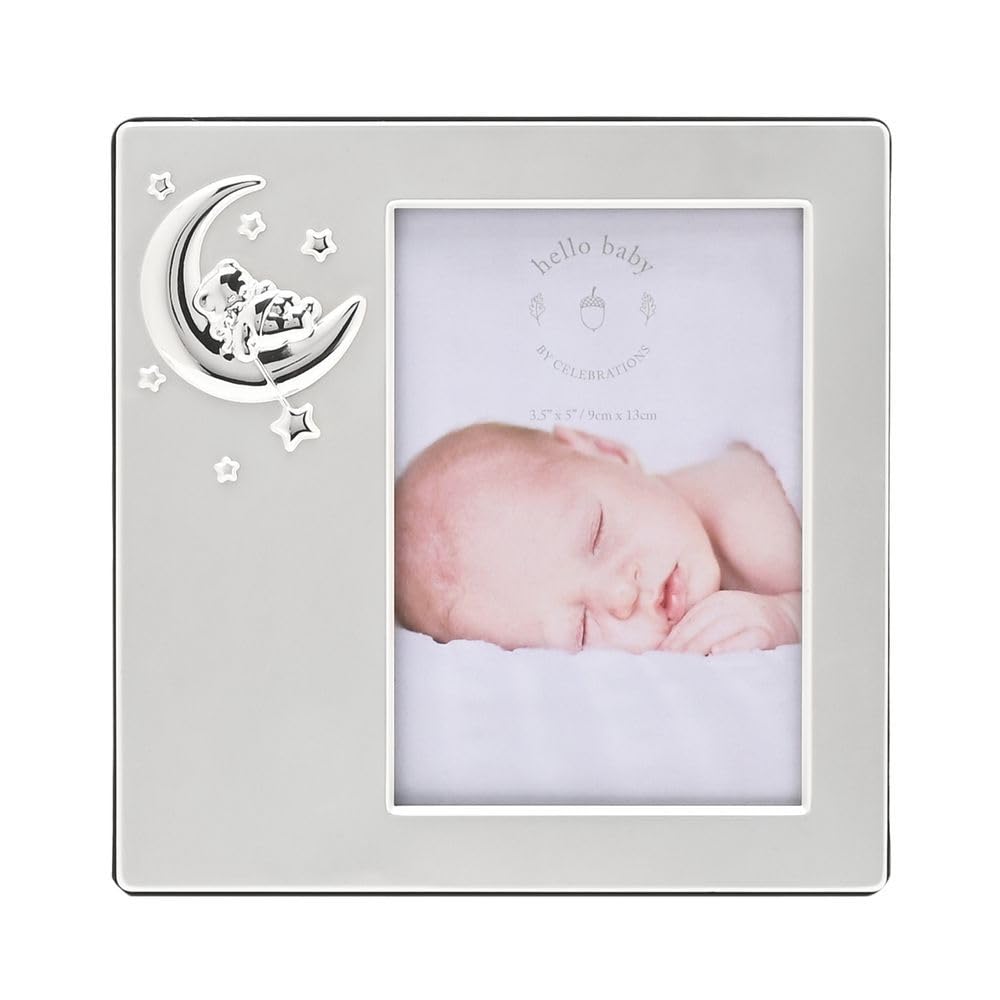 Celebrations - Hello Baby 3.5" x 5" - Newborn Baby Silver Plated Square Self-Standing Picture Photo Frame with Moon Icon. Gift and Display Frame Celebrating Babies, Life, Mothers