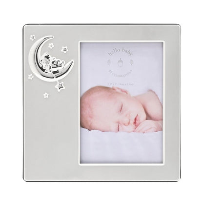 Celebrations - Hello Baby 3.5" x 5" - Newborn Baby Silver Plated Square Self-Standing Picture Photo Frame with Moon Icon. Gift and Display Frame Celebrating Babies, Life, Mothers