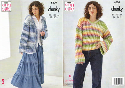 King Cole Chunky Knitting Pattern - 6200 Ladies Cardigan & Sweater (2 Designs)