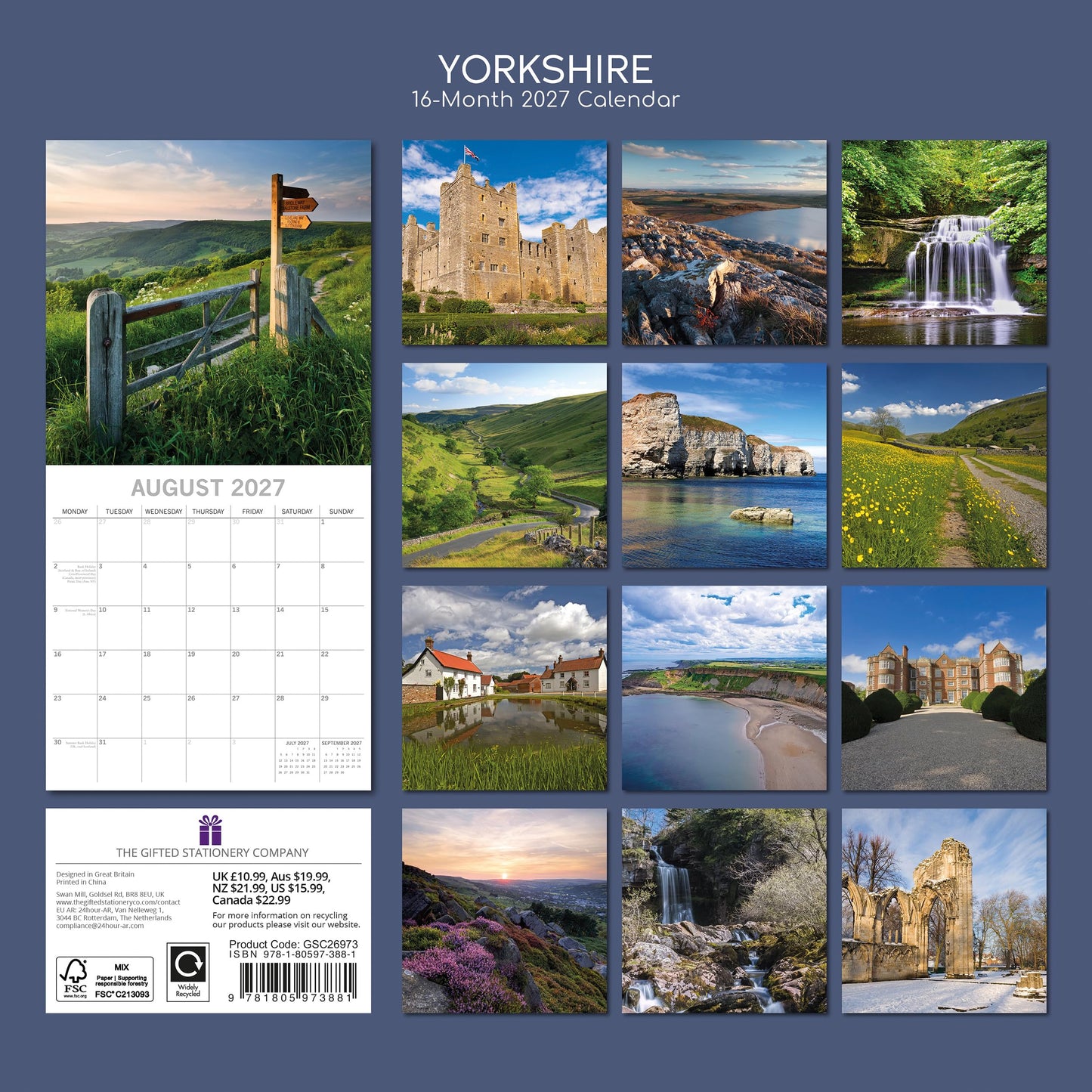 TGSC | Yorkshire 2026-2027 Calendar, 16-Month Square Wall Calendar (Sept 2026-Dec 2027), UK Planner with County Photography, Home or Office Organiser | 30 x 30 cm