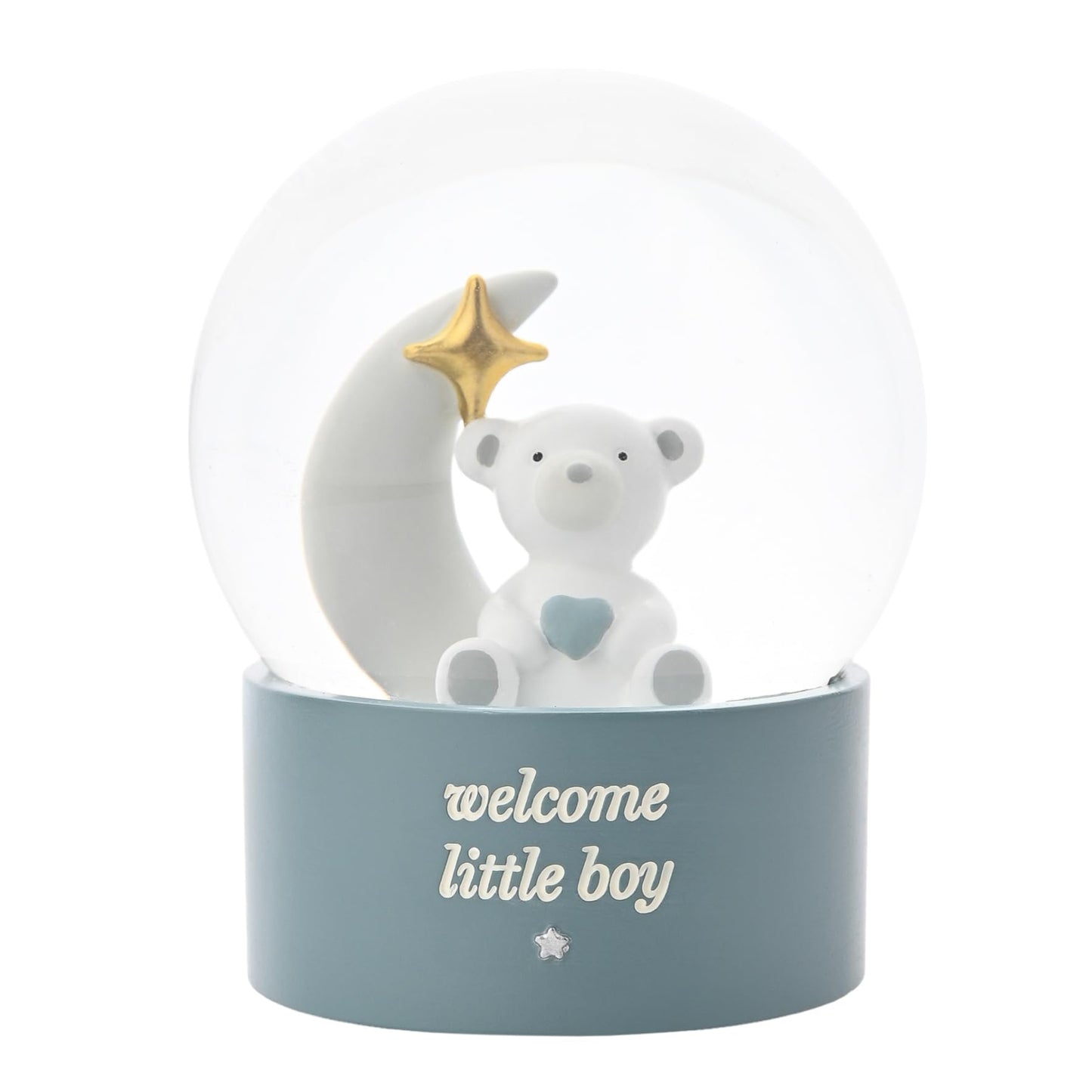 Bambino By Juliana 'Welcome Little Boy' Teddy & Moon Water Globe - Blue. Gifting to Celebrate Newborn Children, Family & Love - Present for New Born, Christening & Baby Shower.