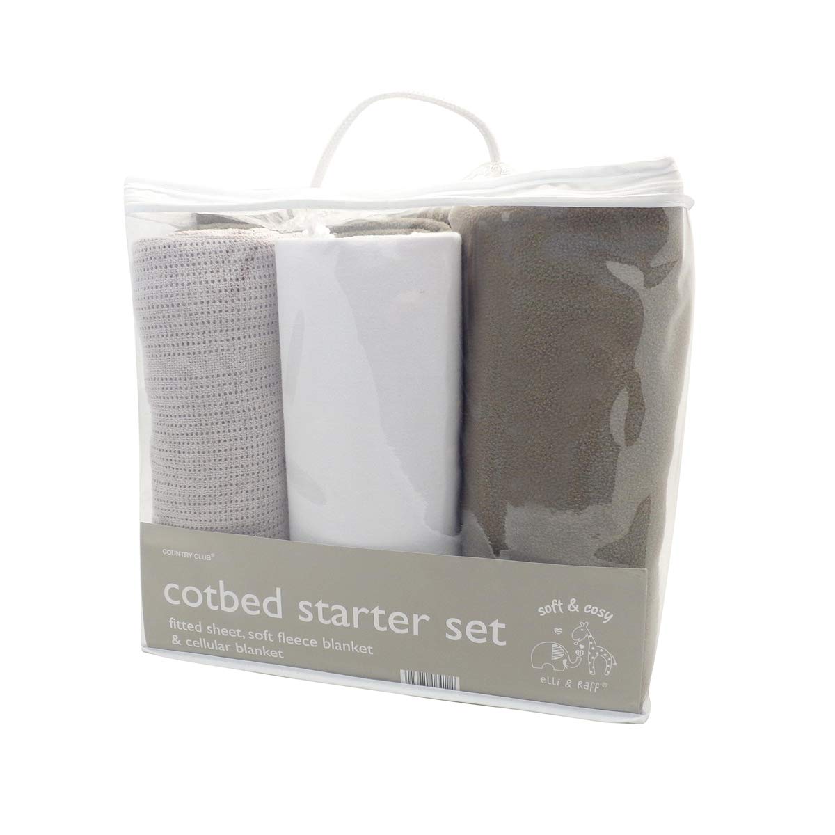 eLLi & Raff Soft & Cosy 3 Piece Cot Bed Starter Set in Grey - Cellular Blanket - Soft Fleece Blanket - Fitted Sheet